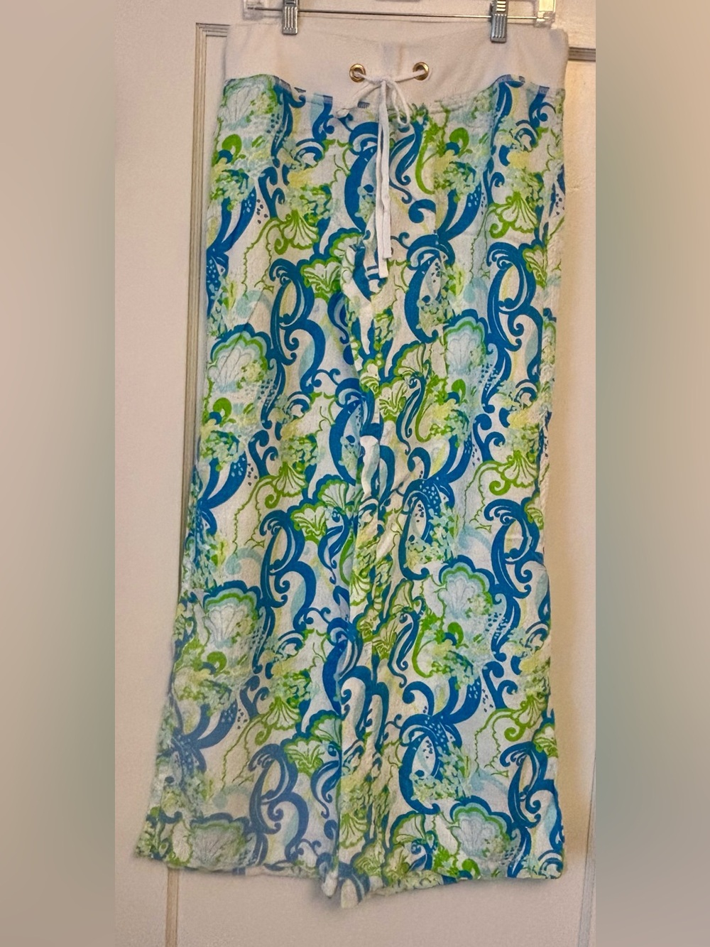 Lilly Pulitzer The Beach Pant Crystal Coast Blue Green Linen Wide Leg M